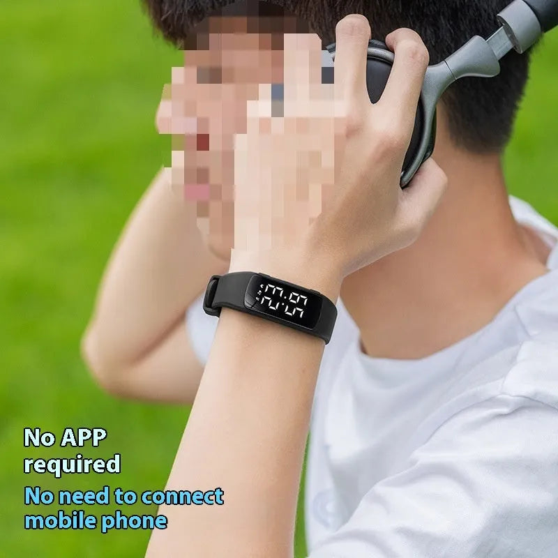 Smart waterproof vibration alarm watch with LED display on a silicone strap, shown in multiple colour options.