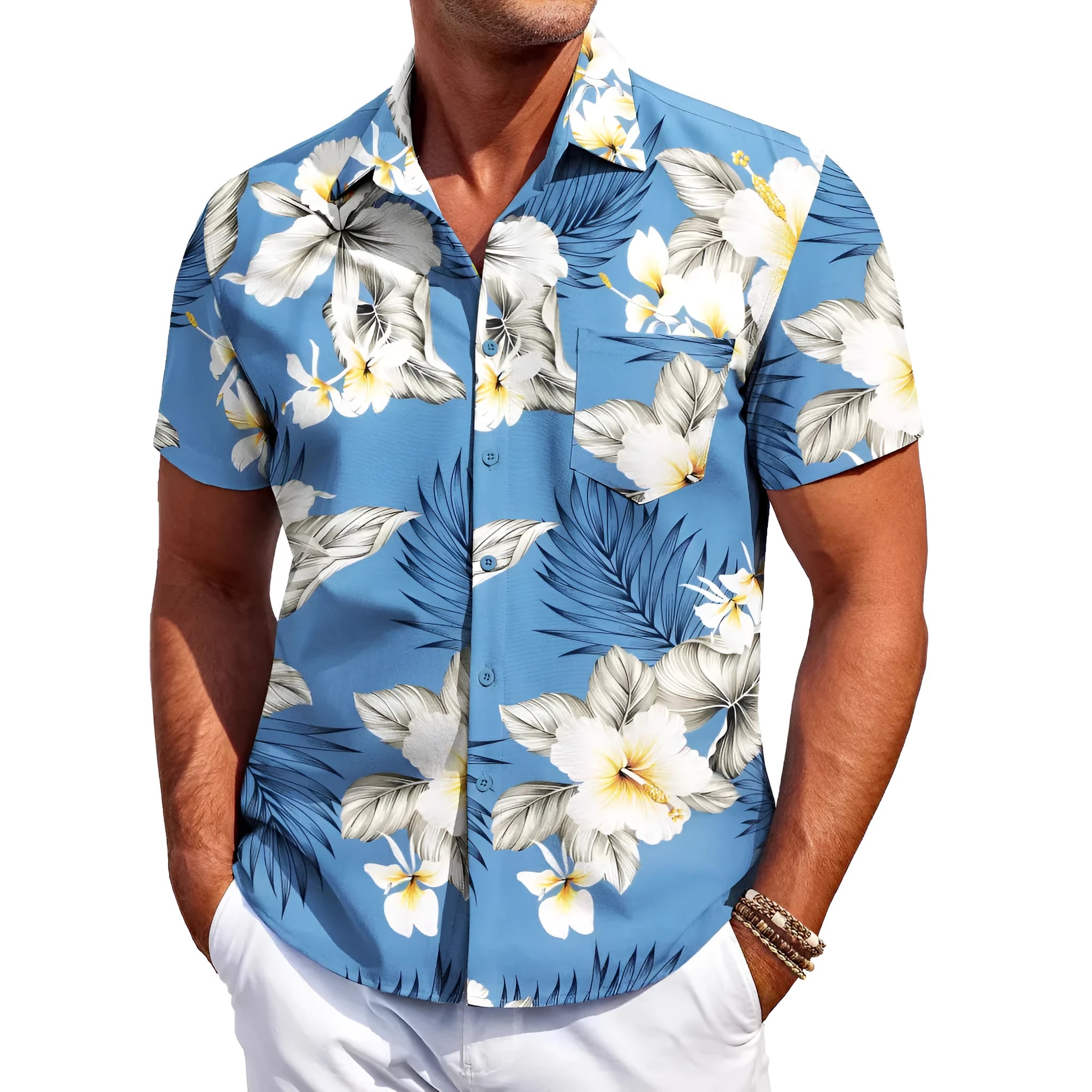 Man wearing a slim fit, short sleeve Hawaiian shirt in a colour choice from the available range.
