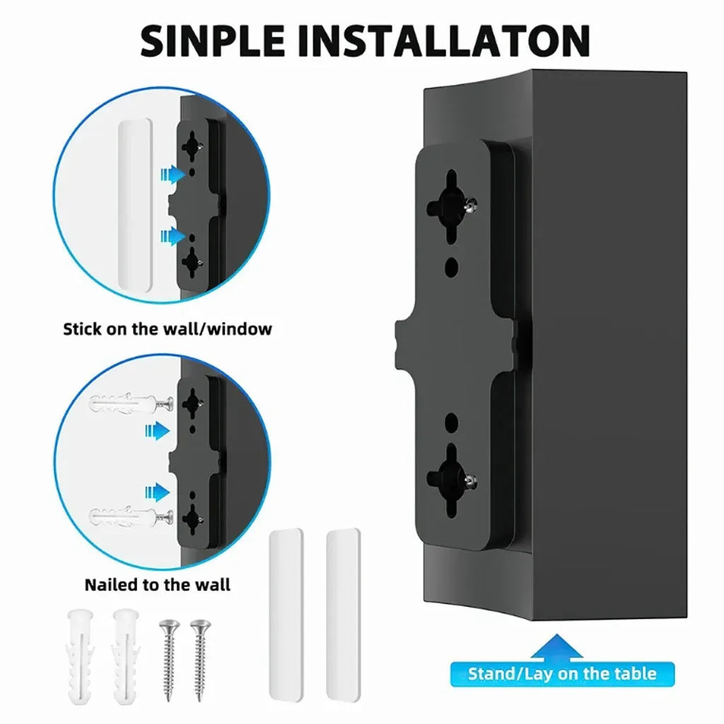 Black plastic indoor HD digital television antenna with mounting accessories including screws and expansion tubes.