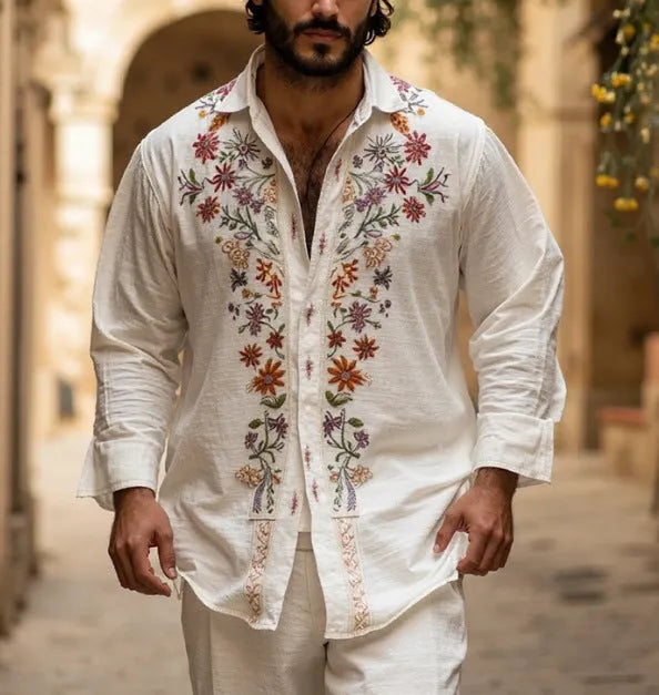 Men's retro style bamboo linen cardigan with 3D printed design and long sleeves