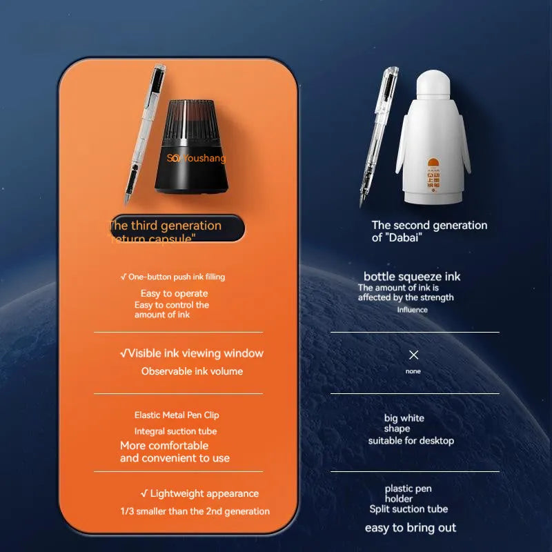Student automatic suction pen set with plastic shell, 0.5mm and 0.38mm pen head options, and 40ml ink feeder