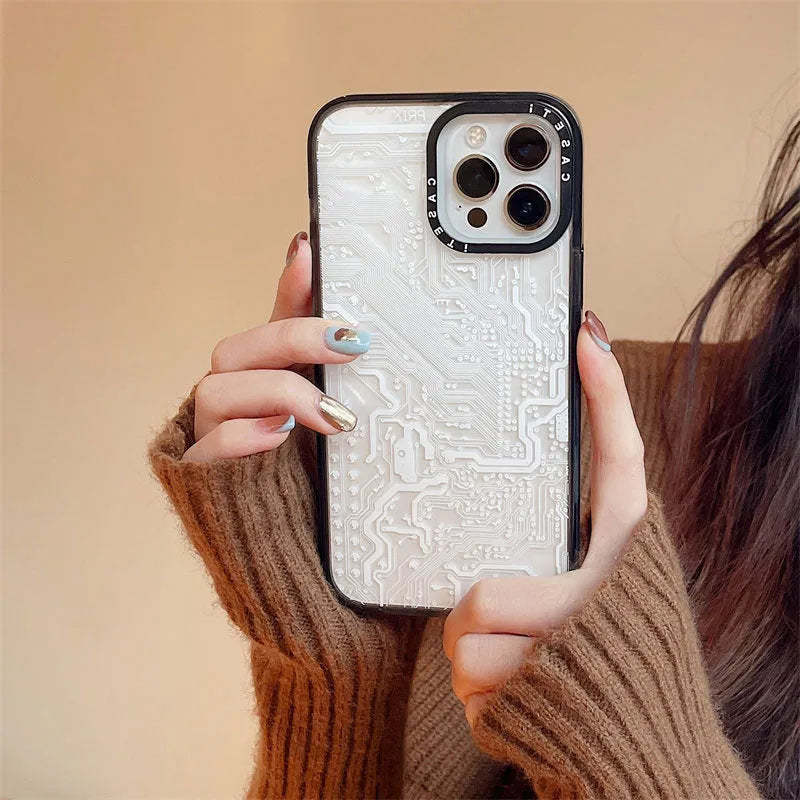 Circuit board iPhone case with engraved acrylic side panel, hard PC shell, IC board colour