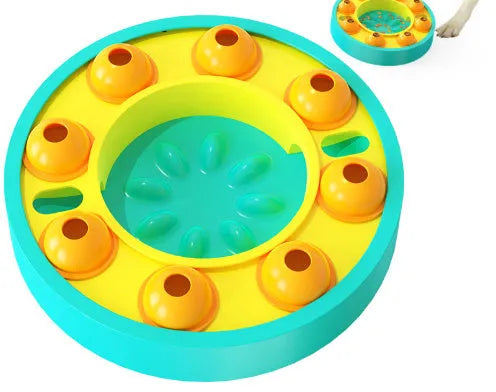 Square lake blue dog puzzle toy with a central food column and top turntable on a non-slip base.