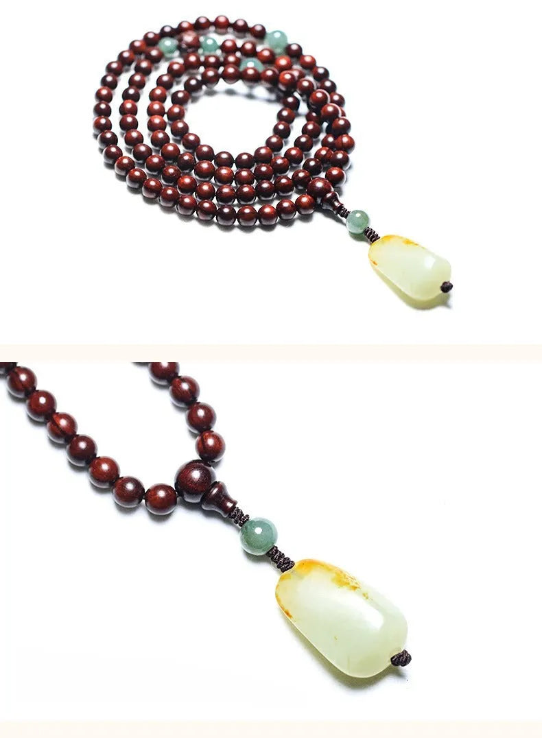 Pterocarpus Santalinus 108 bead bracelet with 6mm rosewood beads and carved Hotian jade pendant in national style