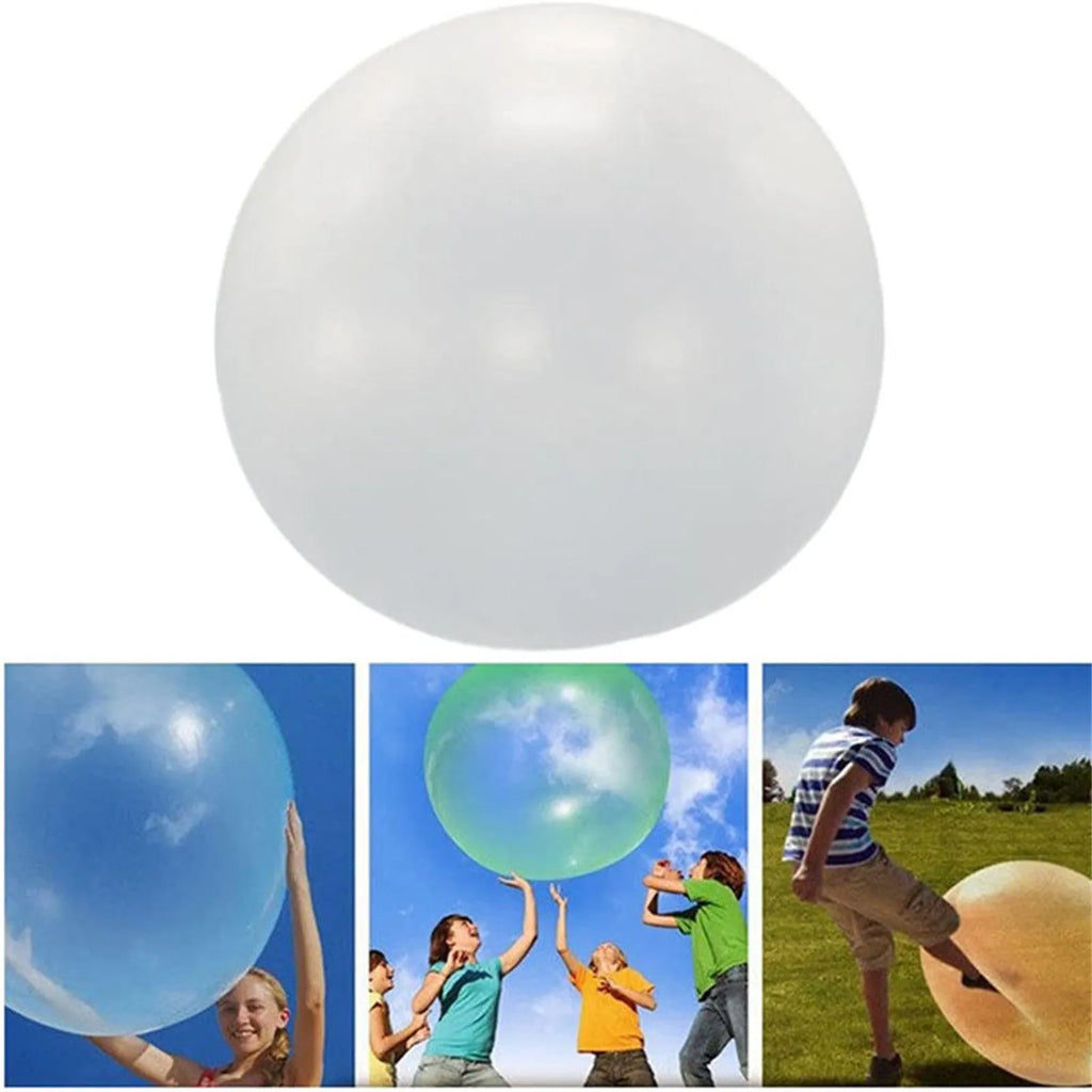 Large pink TPR inflatable bouncy ball for children's outdoor play, shown with a pump