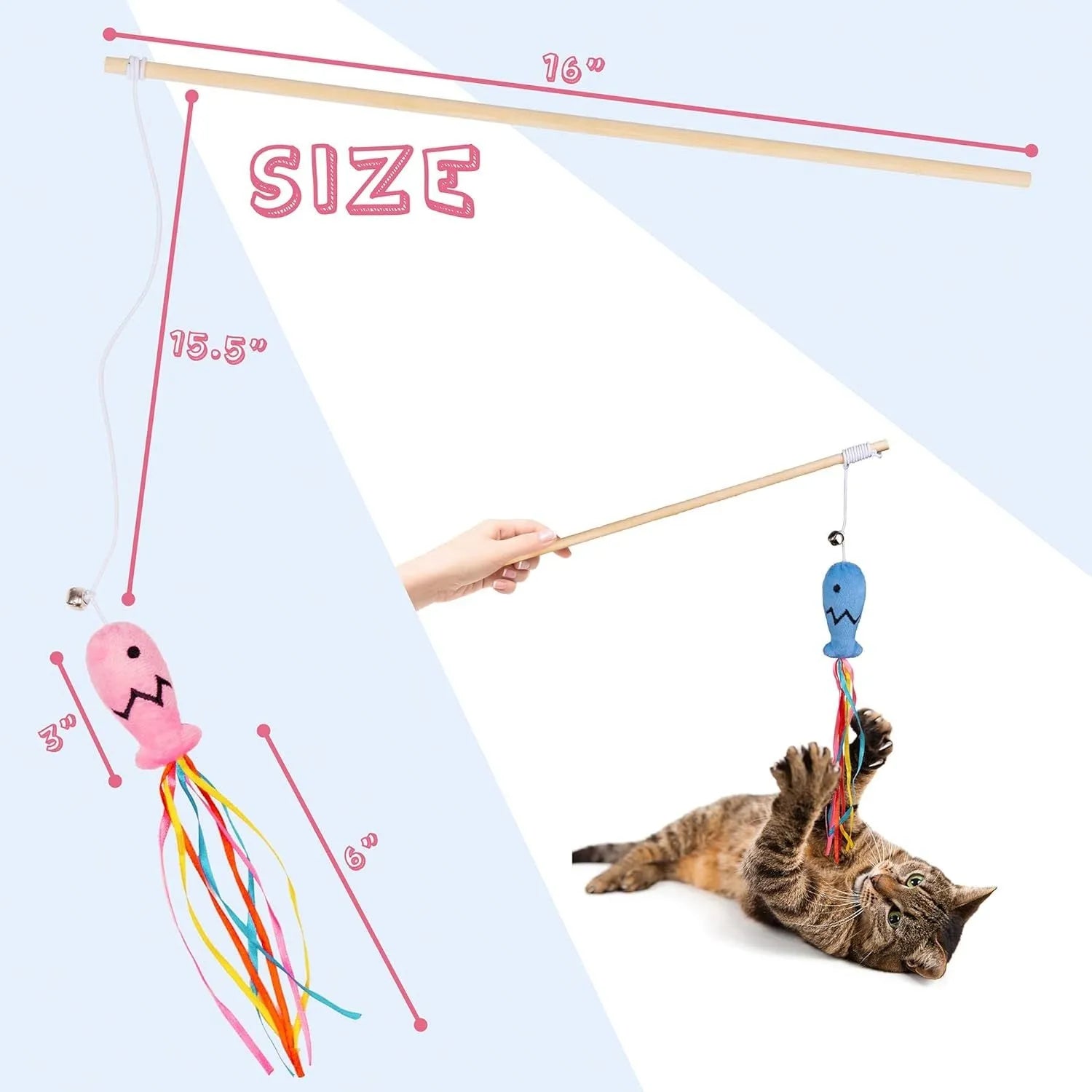 Blue cat wand toy with catnip fish, colourful ribbons, bell and a wooden handle on a white background.