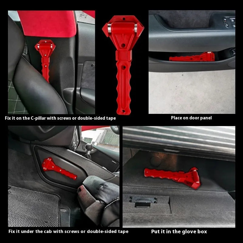 Red emergency window breaking survival hammer with 45# steel tip and plastic handle