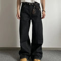 Black retro wide-leg denim jeans with straight-leg design and zip placket