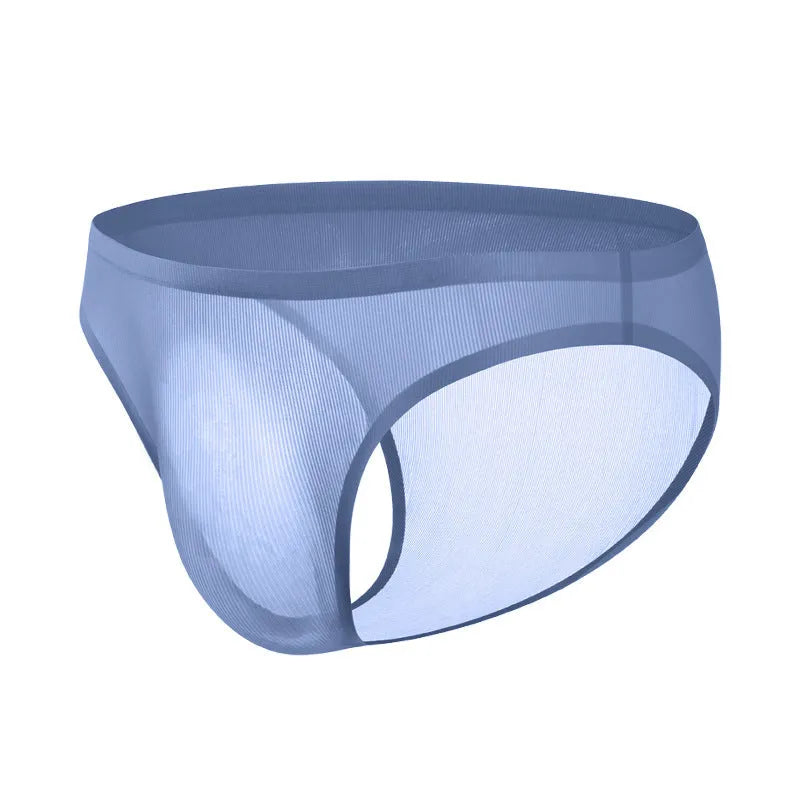 Men's translucent ice silk seamless underwear briefs in a striped pattern, showing low waist design.