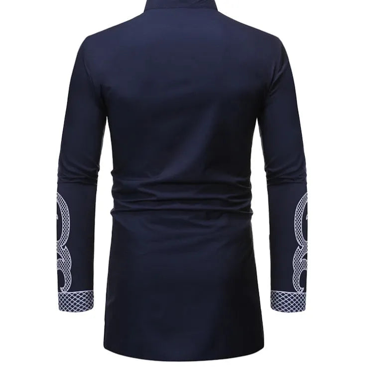African dashiki print polyester shirt for men long sleeves plain pattern black
