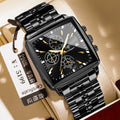Square men's business quartz watch with stainless steel strap and mineral glass