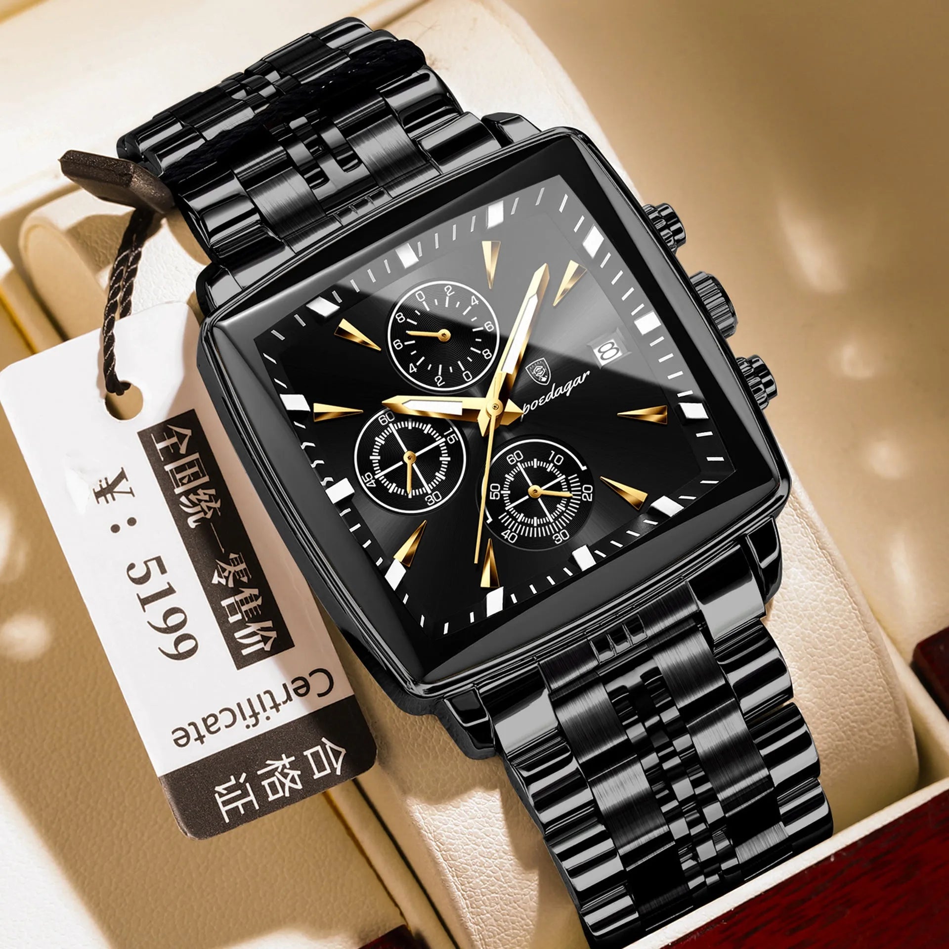 Square men's business quartz watch with stainless steel strap and mineral glass