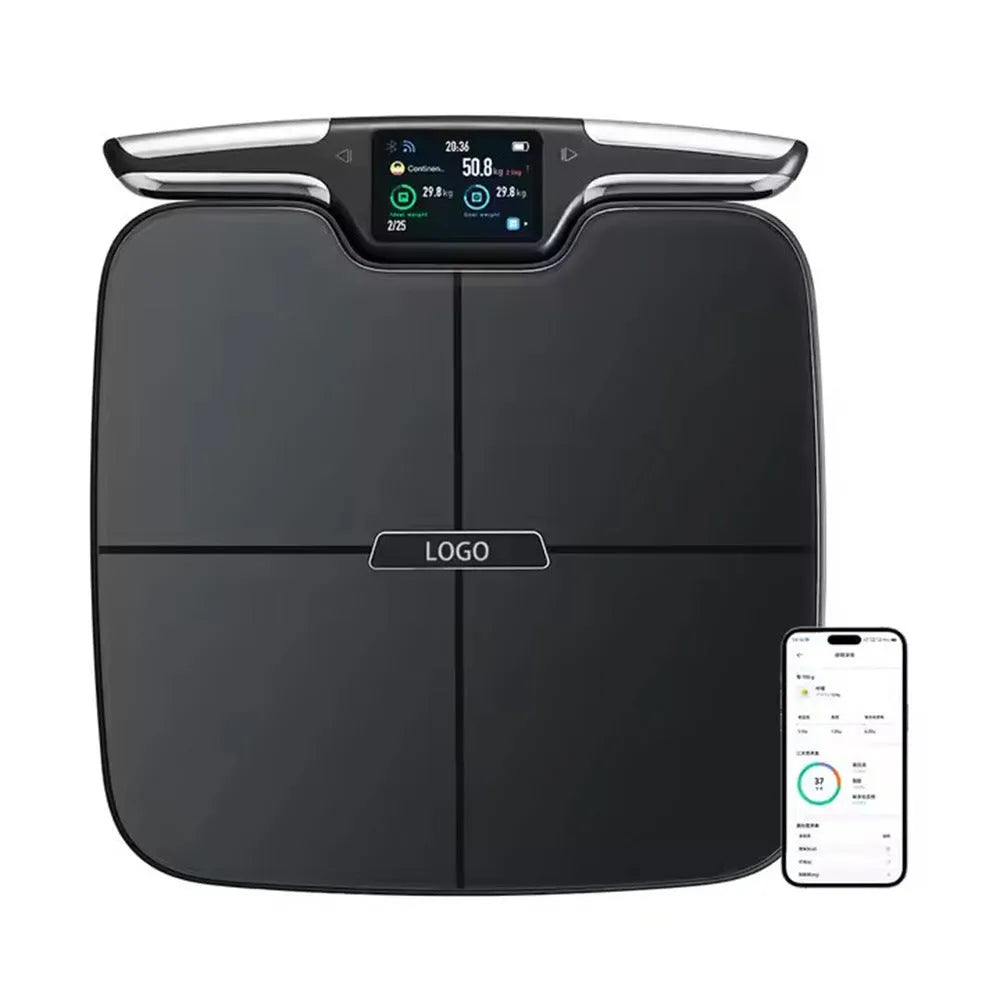 Black eight-electrode body fat scale measuring 45x45cm with digital display