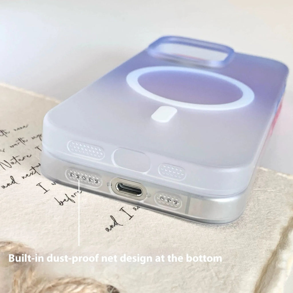 Gradient frosted blue magnetic suction protective case for iPhone on a table.