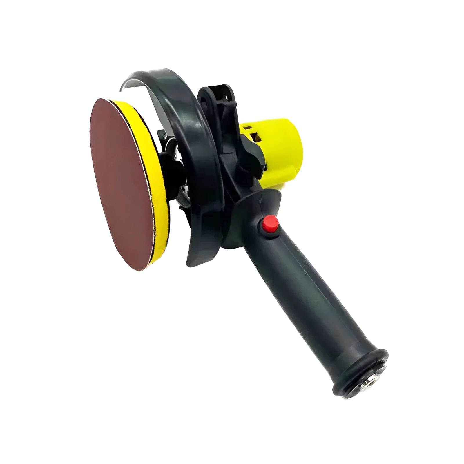 Black handheld electric seam polisher with 100mm grinding disc on a workbench
