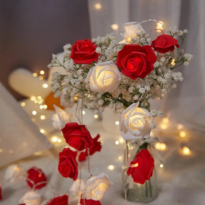 LED rose fairy lights with battery pack showing pink foam rose-shaped covers on 1.5 metre cable