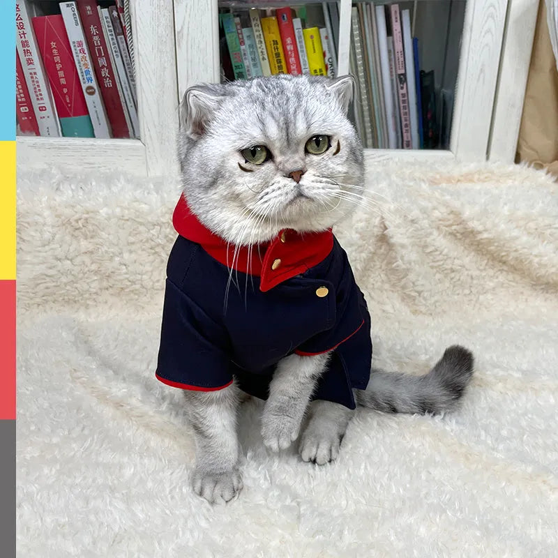 A Tiger Staff Yuren coloured hoodie for a small dog or cat, worn as a photo prop costume.