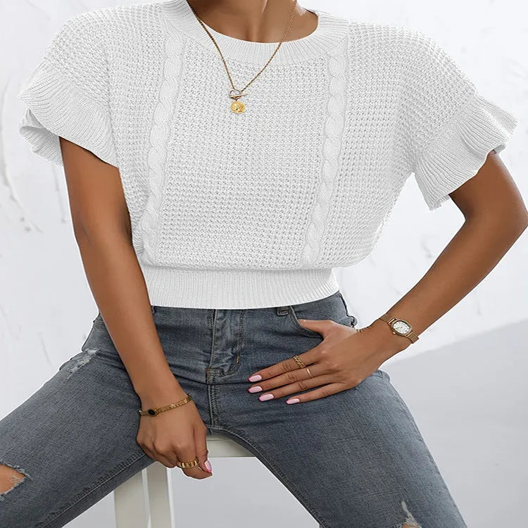 Twisted string 3D pattern knitted pullover sweater with ruffled short sleeves in loose Japanese-Korean style