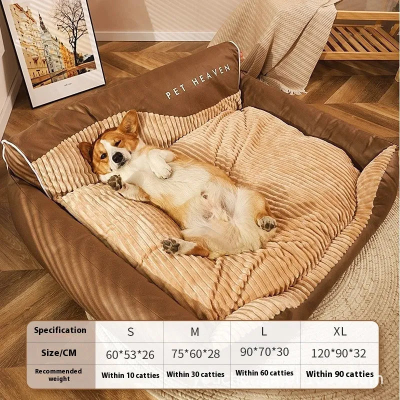 Warm brown cloth pet bed with sofa backrest, deep sleep kennel mat for dogs, available in four sizes