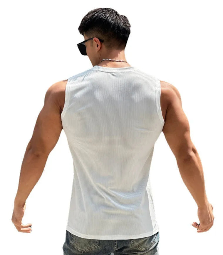 Men's quick-dry sleeveless round-neck workout vest in sky blue, polyester blend for basketball and running