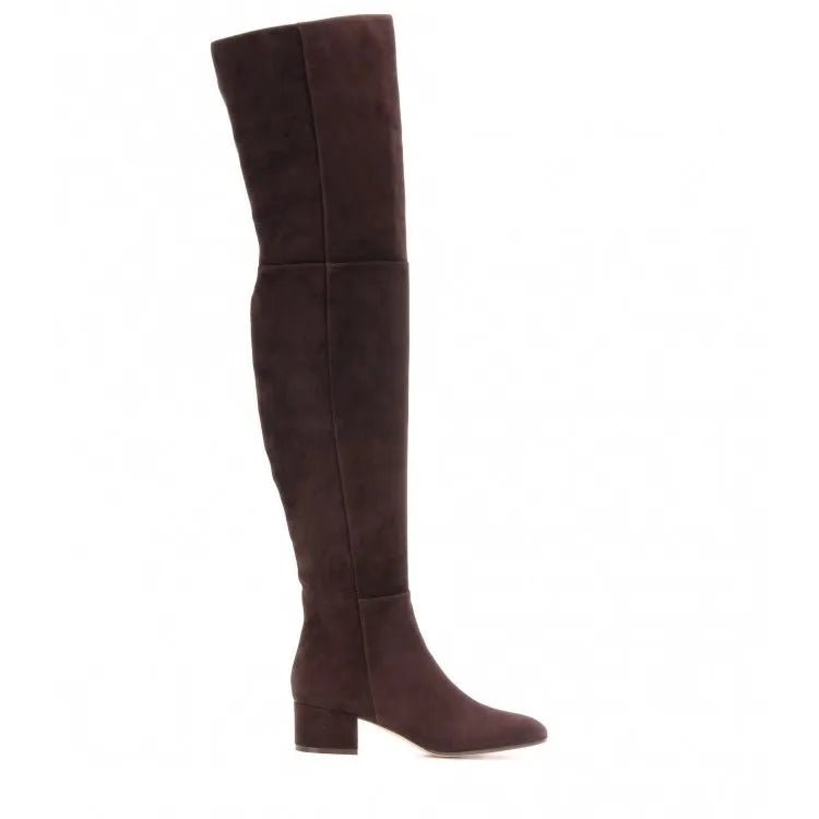 Grey suede women's over the knee flat boots with a pointed toe and thick low heel on a neutral background.