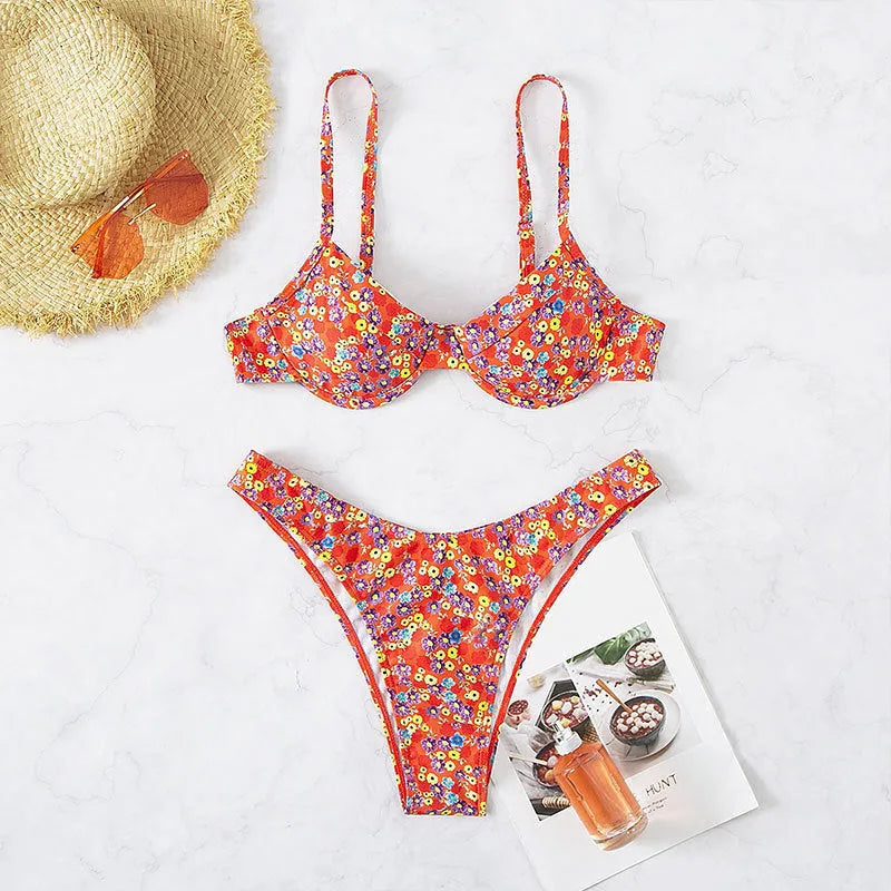 Women's high waist floral split swimsuit in red polyester, available in sizes S M L XL
