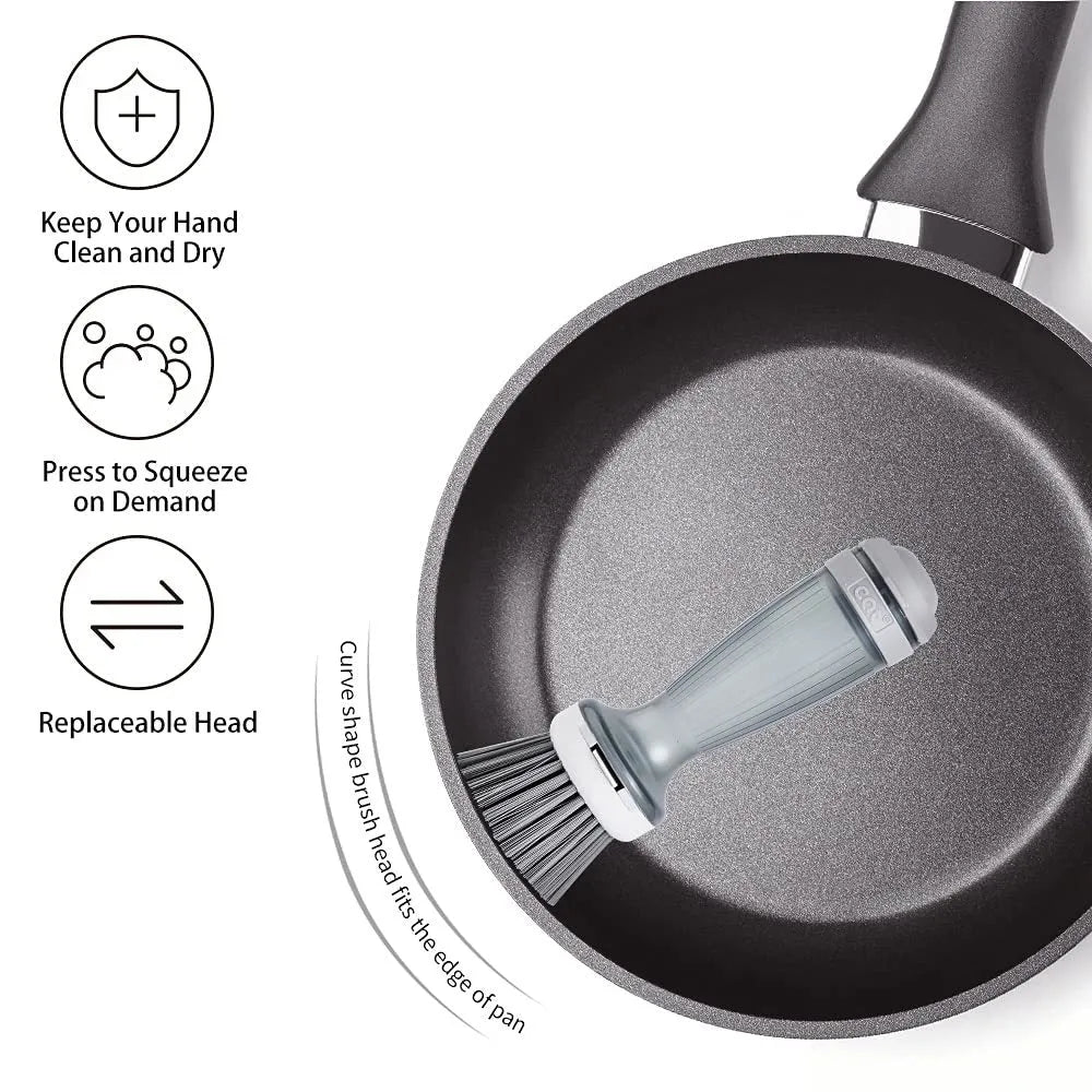 Pot and dish brush with integrated soap dispenser and replaceable brush head in mint green