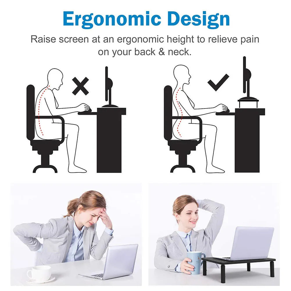 Black mesh iron display stand with three adjustable height settings for monitors and laptop cooling