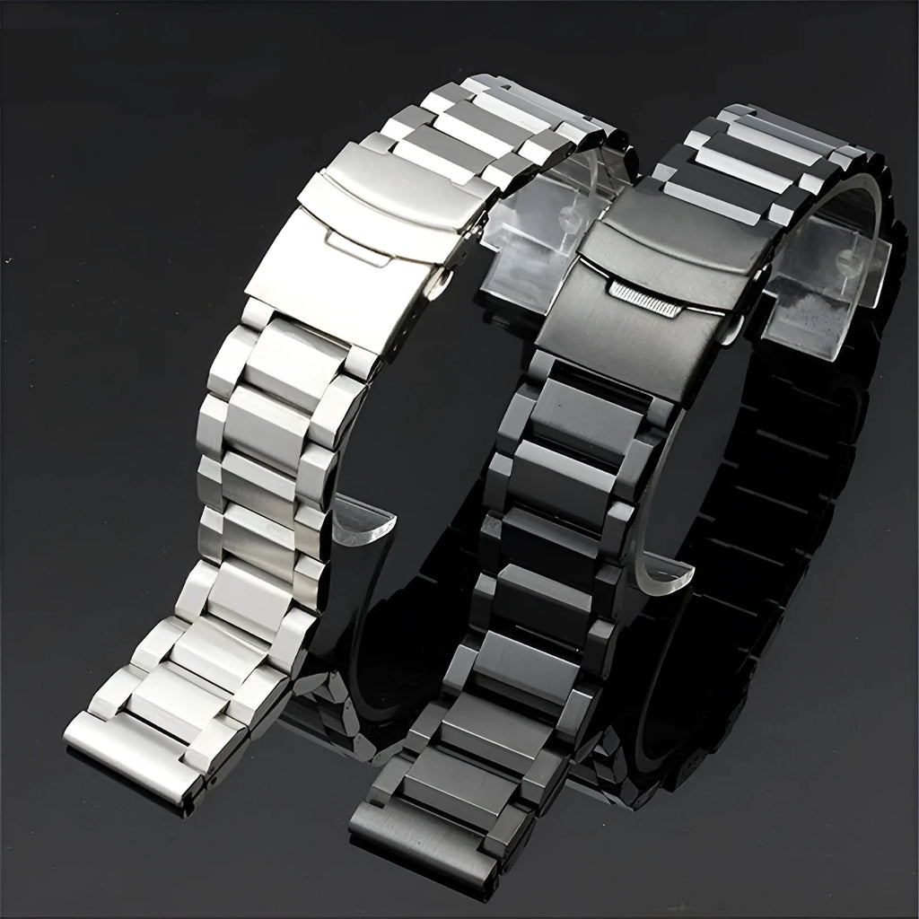 Stainless steel watch strap with double-security buckle and quick release, in silver, black, gold, or rose gold, 18-24mm