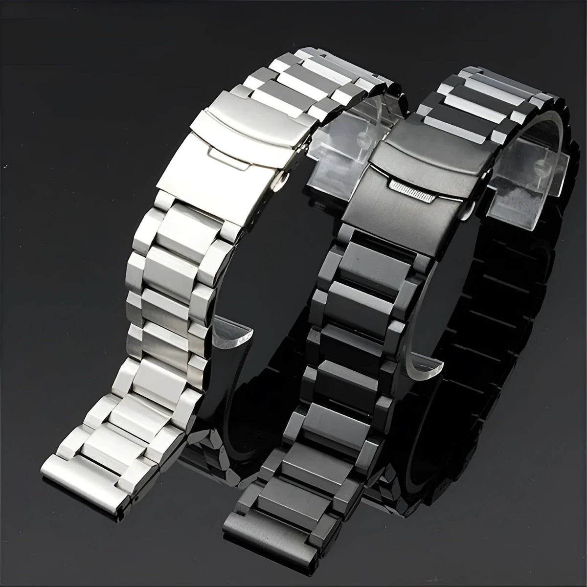 Stainless steel watch strap with double-security buckle and quick release, in silver, black, gold, or rose gold, 18-24mm