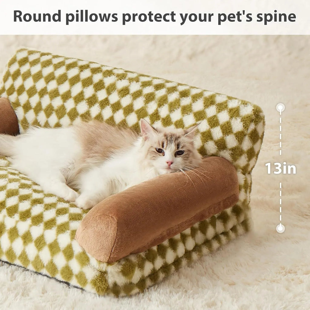 A checkered pattern pet sofa bed for a small dog or cat on a wooden floor.