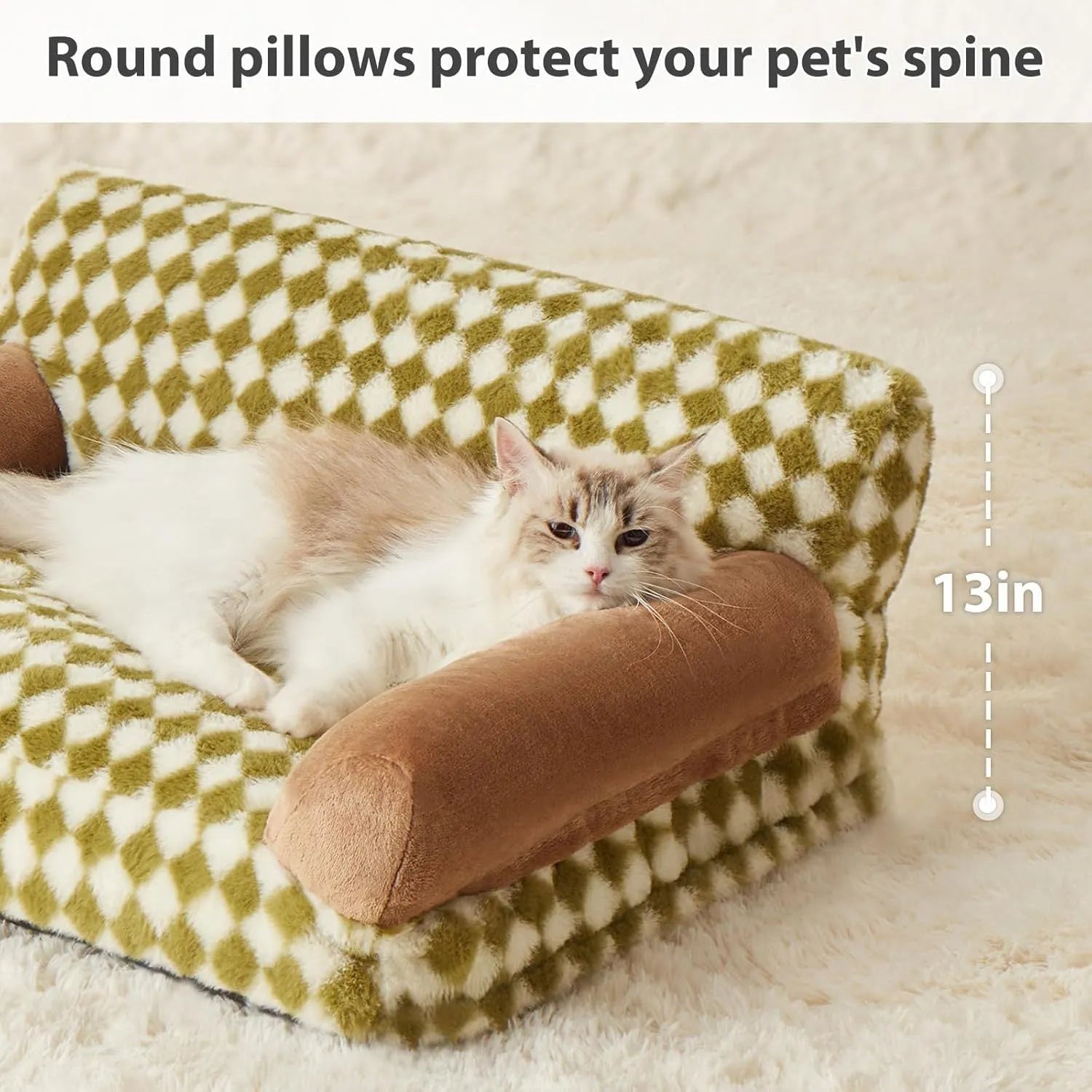 A checkered pattern pet sofa bed for a small dog or cat on a wooden floor.