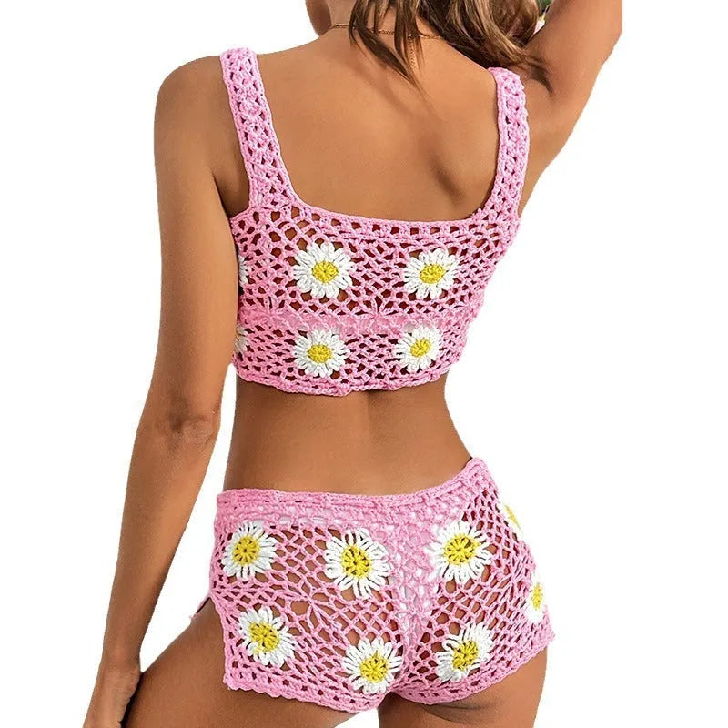 Women's flower pattern vest bikini swimsuit in light green or pink hollow yarn acrylic fabric