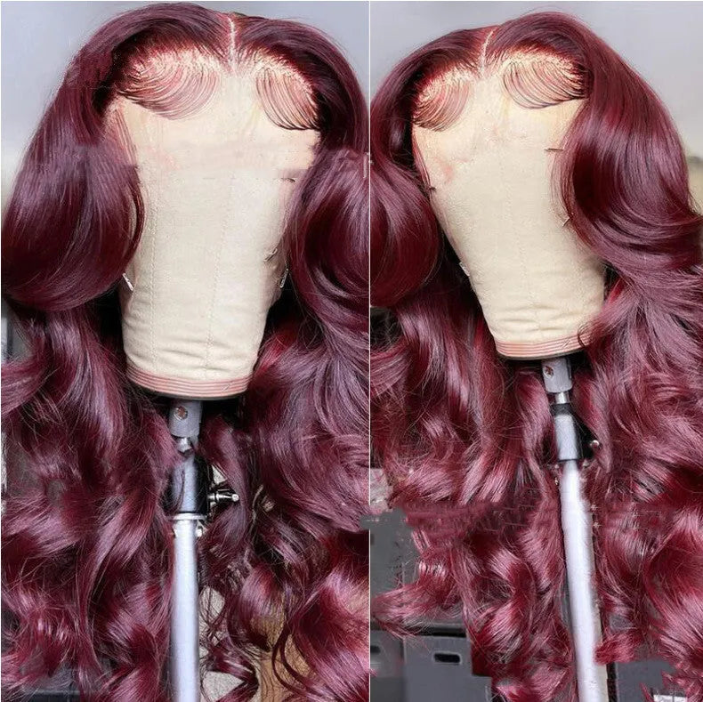 Front lace synthetic wig in wine red T6963 with long curly hair and long bangs for ladies