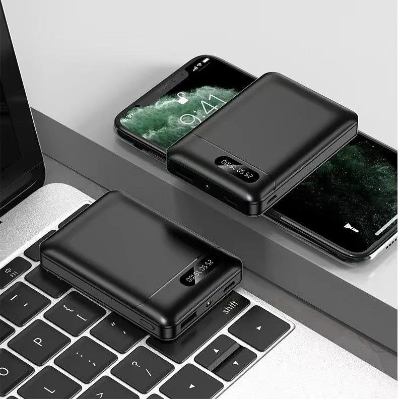 Black or white portable power bank with multi-USB ports, showing 10000mAh 4000mAh 5000mAh 6000mAh capacity options.