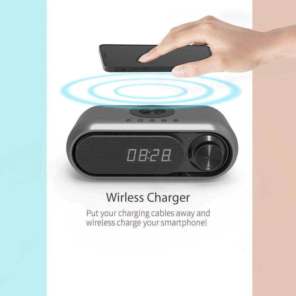 Space grey wireless charging alarm clock with Bluetooth speaker and digital display