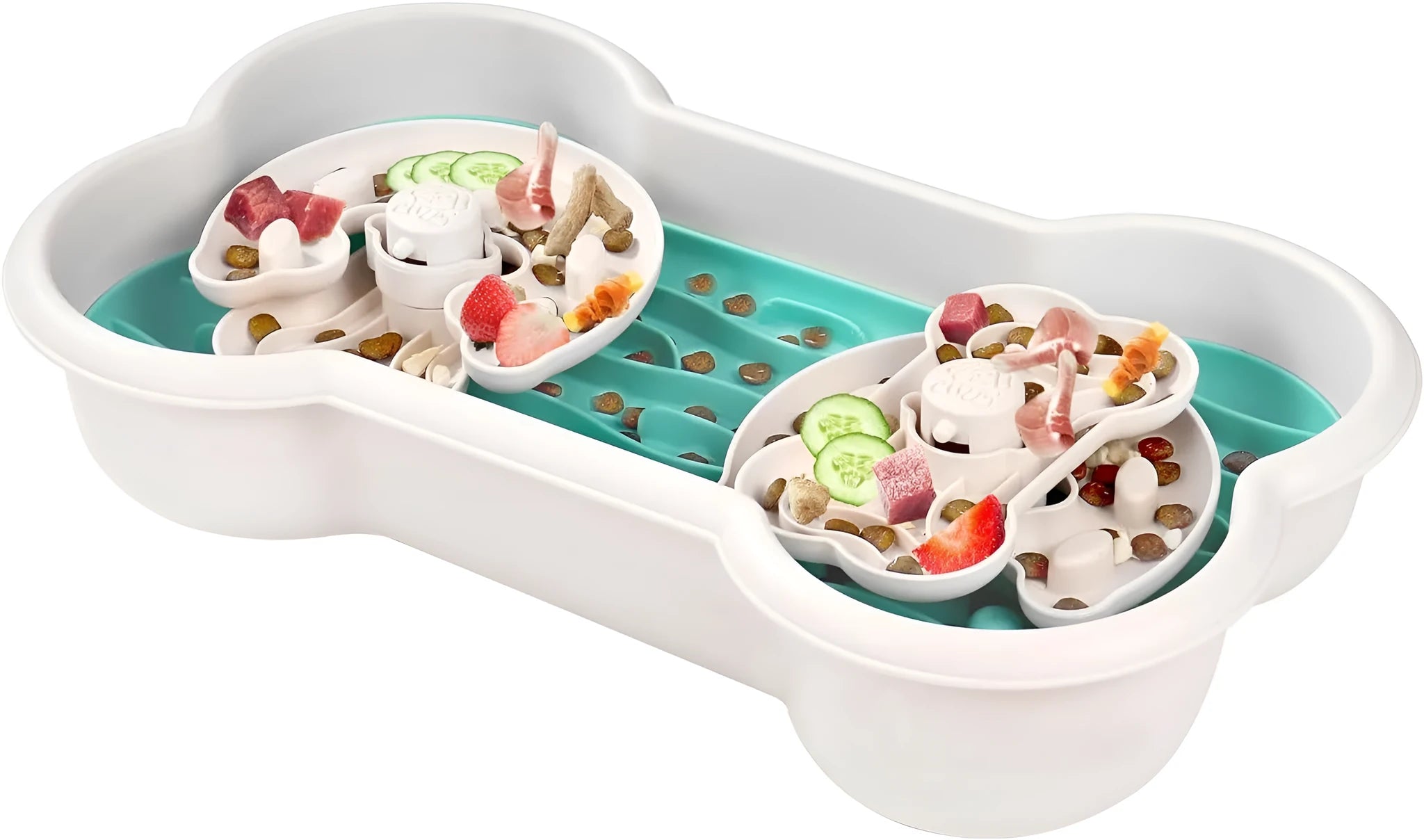 Large green slow feeder dog bowl with three-tiered puzzle trays and anti-slip suction cups on the base.