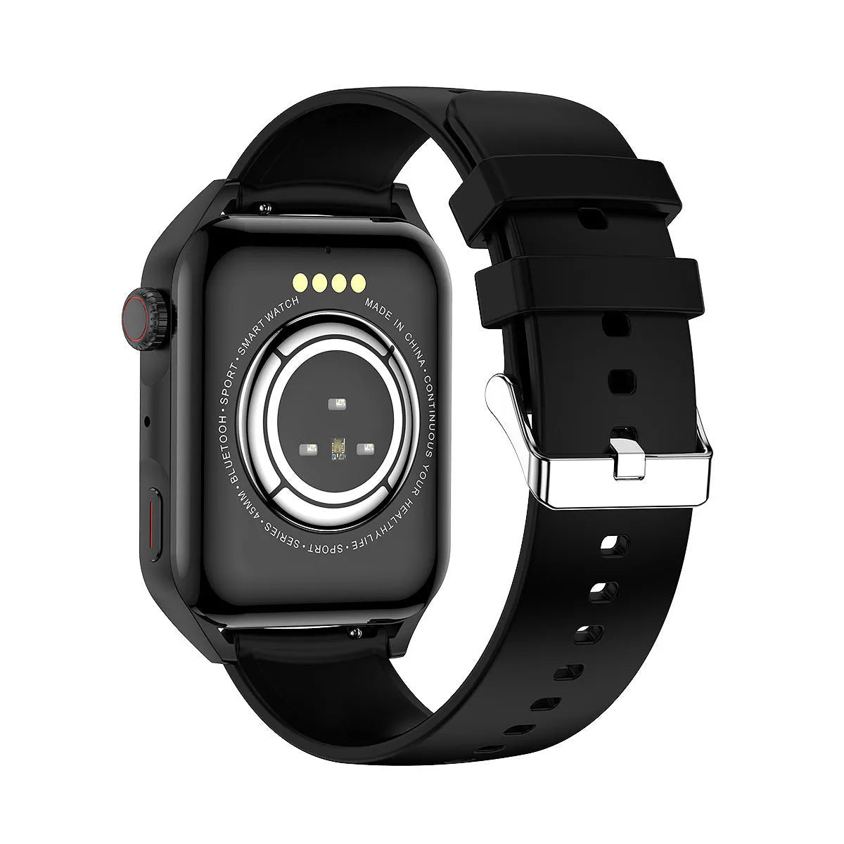 Black smart watch with 1.8-inch AMOLED screen and silicone strap on a wrist.