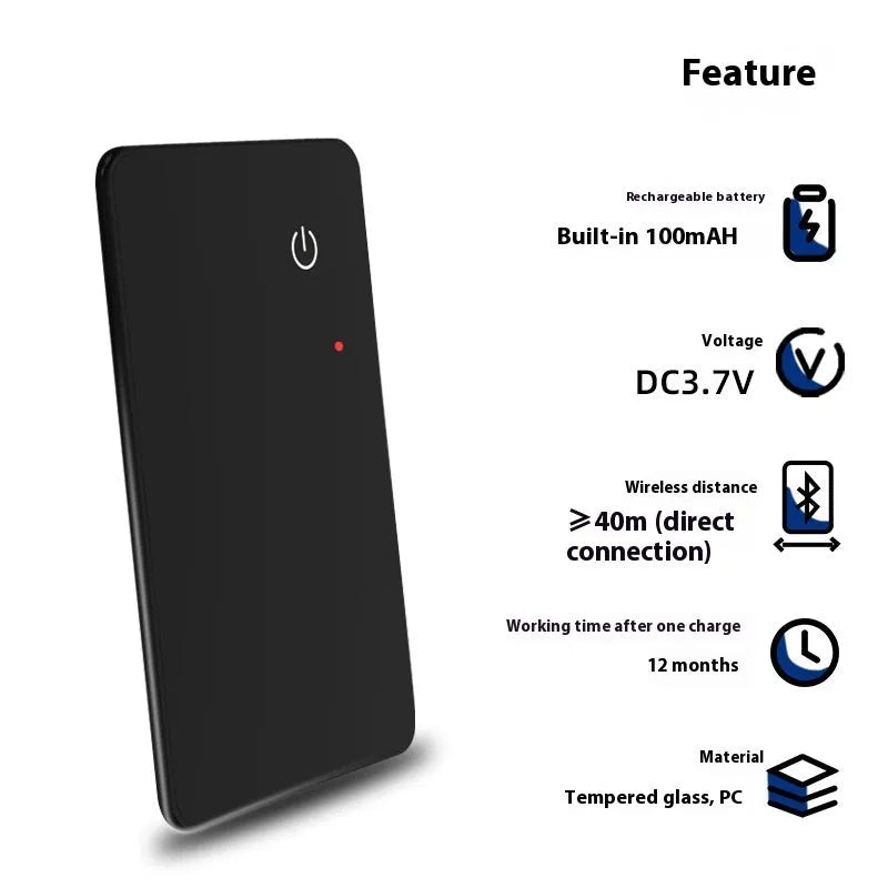 Black card-shaped pet tracker with wireless charging and NFC, showing hanging hole.