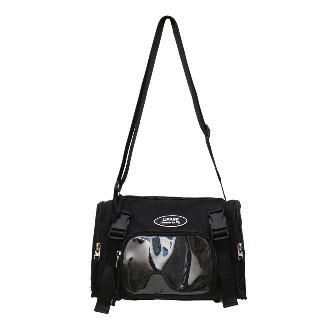 Canvas messenger bag for women, black, large capacity, square vertical shape, 25 x 11 x 21 cm