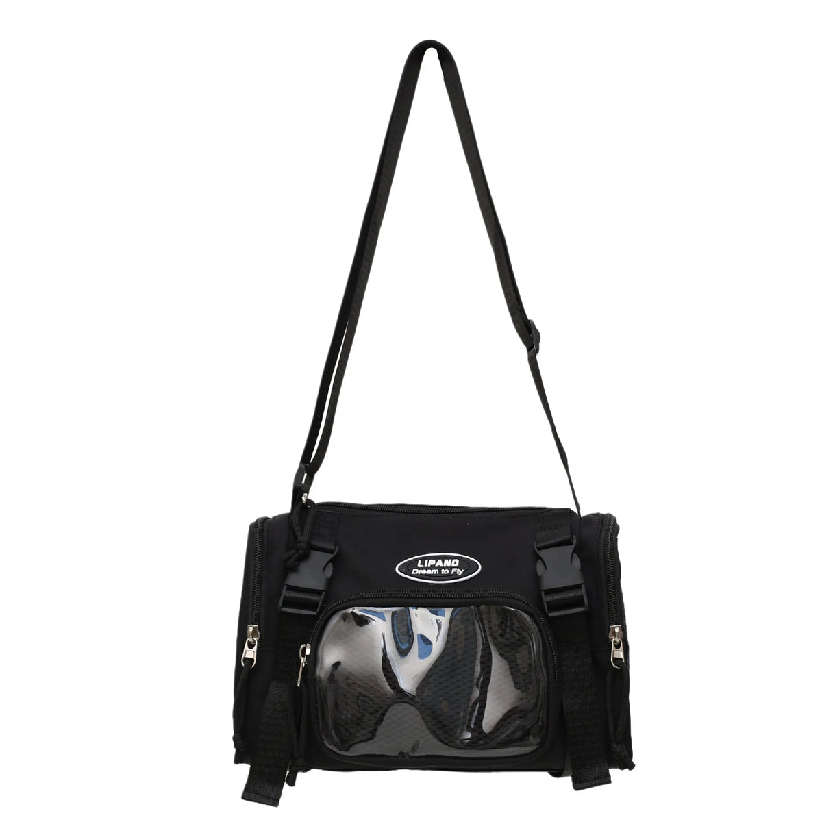 Canvas messenger bag for women, black, large capacity, square vertical shape, 25 x 11 x 21 cm