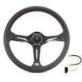 14-inch leather steering wheel with concave middle section, showing black leather and silver skeleton option.