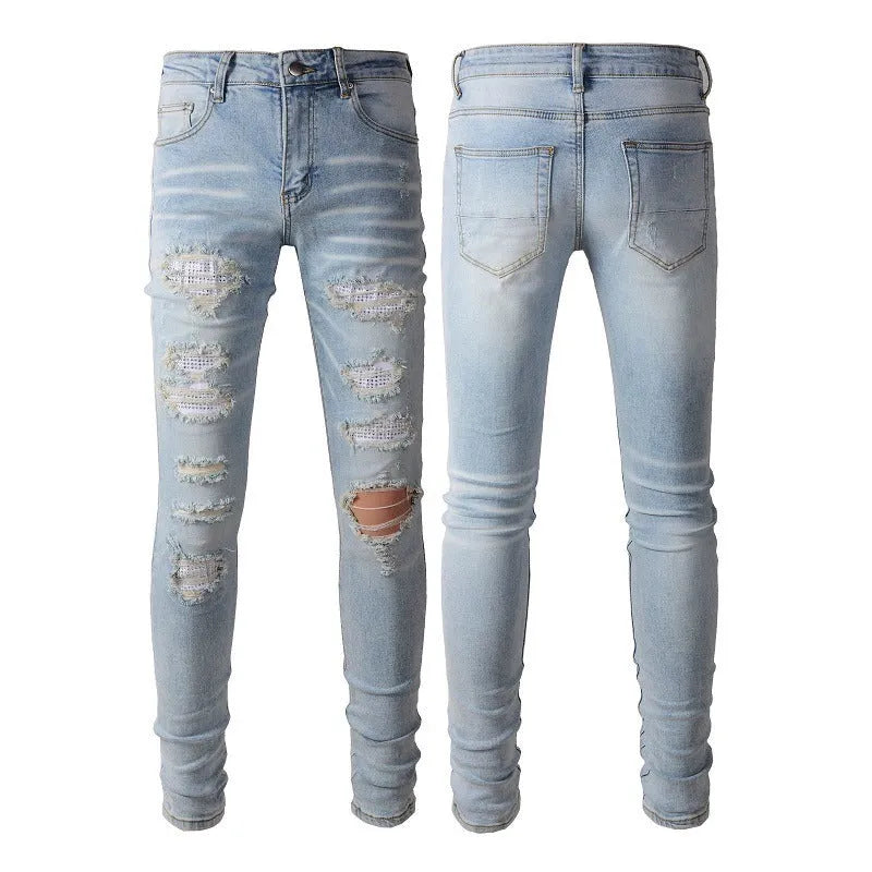 Light blue slim fit stretch jeans for men with hot diamond patch and cat-whisker details