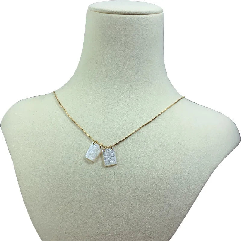 White mother pearl shellfish Jesus Virgin Mary pendant on a 45cm alloy box chain with electroplated white finish