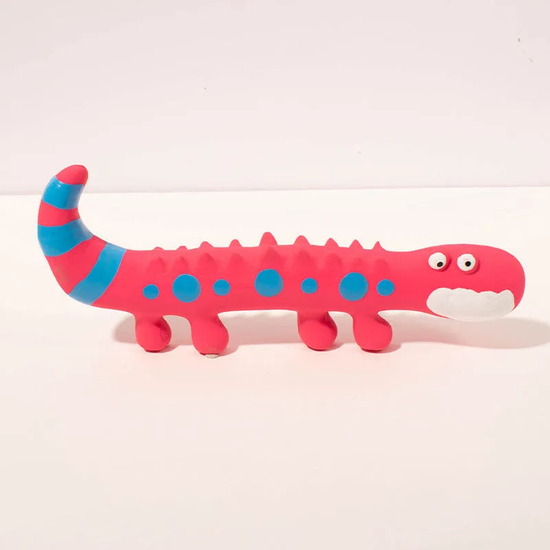 Green cartoon lizard-shaped dog chew toy with squeaker for aggressive chewers.