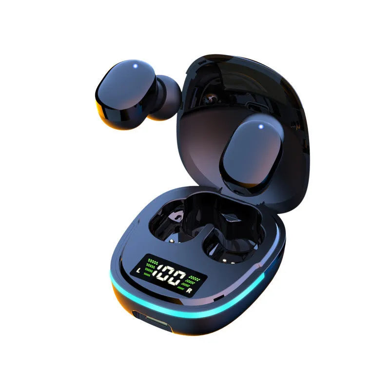 Black wireless Bluetooth in-ear headphones and magnetic charging case on a table.