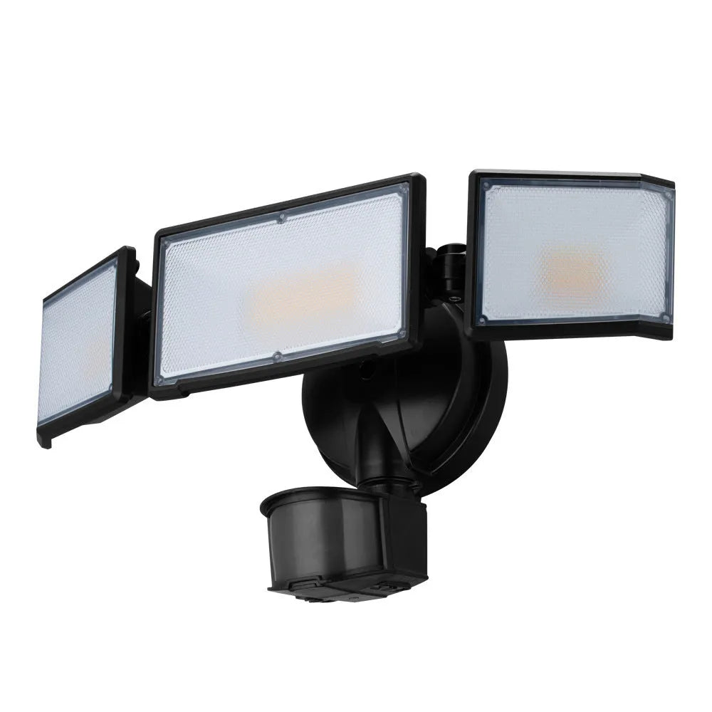 White and black LED security flood light with motion sensor for wall or ceiling mounting.