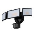 White and black LED security flood light with motion sensor for wall or ceiling mounting.