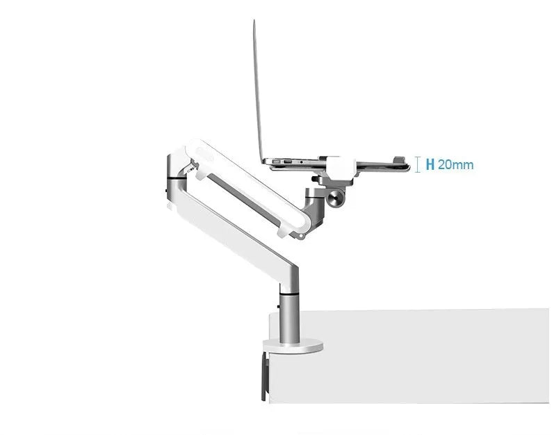 Aluminium alloy computer stand with adjustable arm bracket in silver colour supporting a laptop