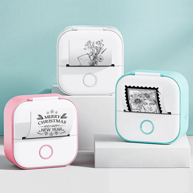 Portable mini thermal label printer in white with Bluetooth, inkless printing, compact 87mm x 90mm x 40mm